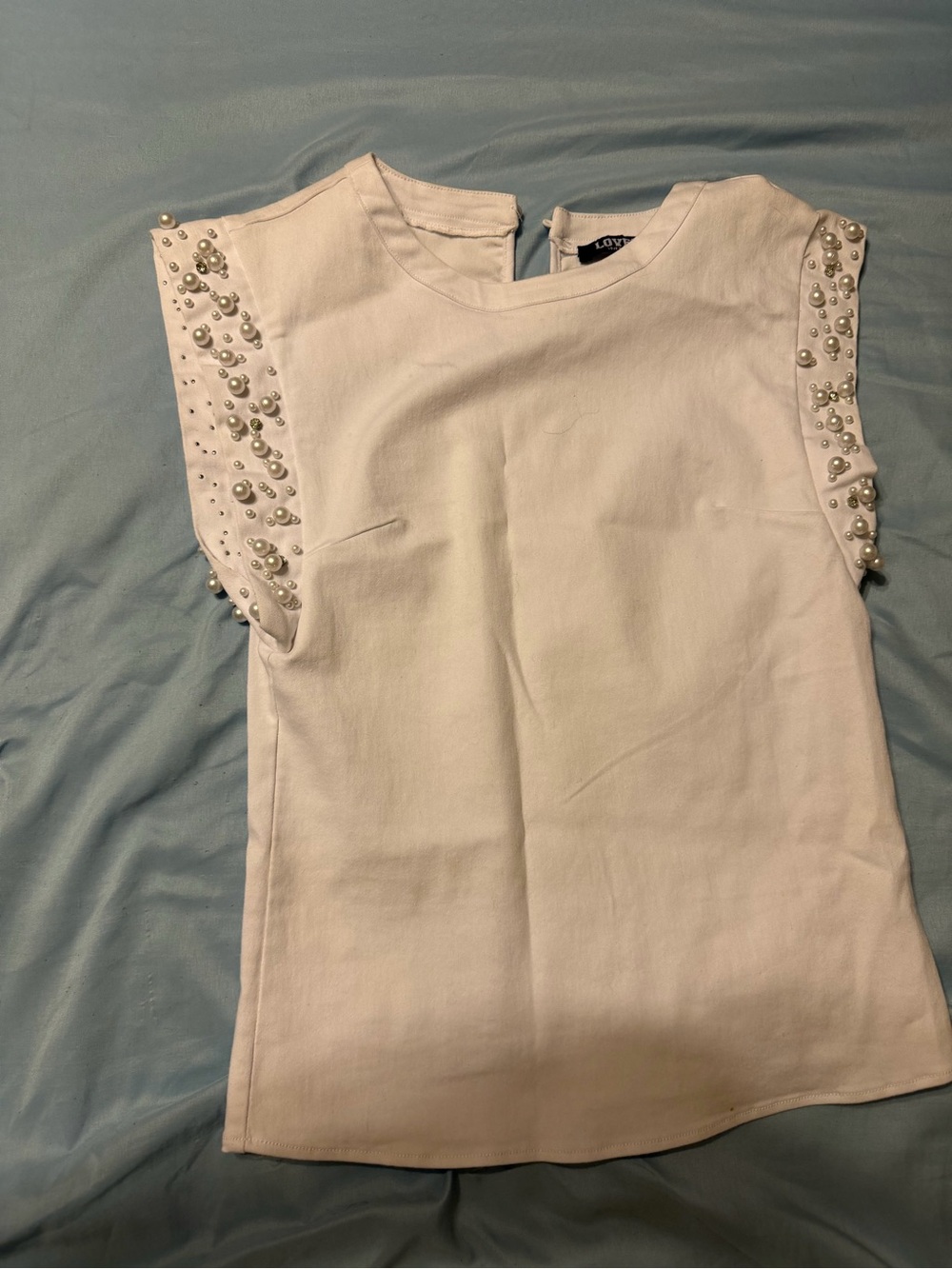 Love White Pearl-Accent Cap Sleeve Top